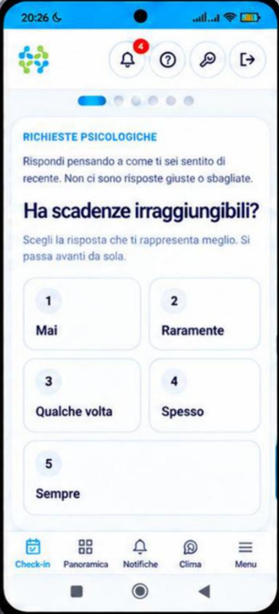 Il micro check-in Empowerely sul telefono: la domanda «Ha scadenze irraggiungibili?» con le risposte Mai, Raramente, Qualche volta, Spesso e Sempre.