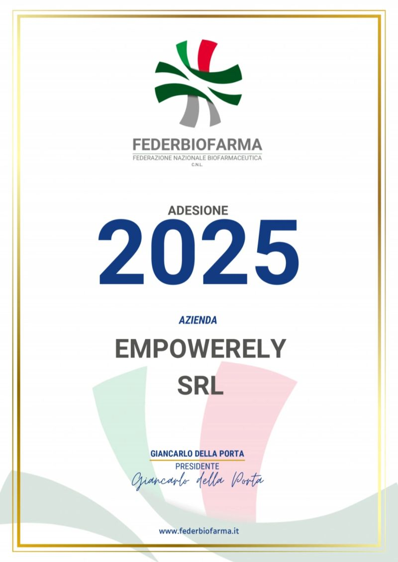 Attestato di adesione 2025 di Empowerely SRL a Federbiofarma, Federazione Nazionale Biofarmaceutica CNL.