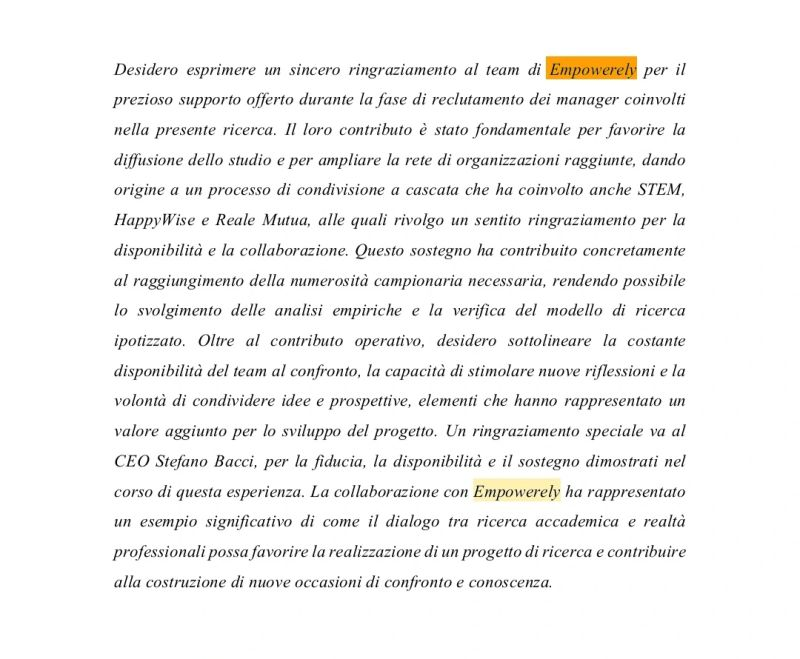 Ringraziamento a Empowerely per il supporto al reclutamento dei manager e al confronto durante il progetto di ricerca di Ilaria Fusetto.