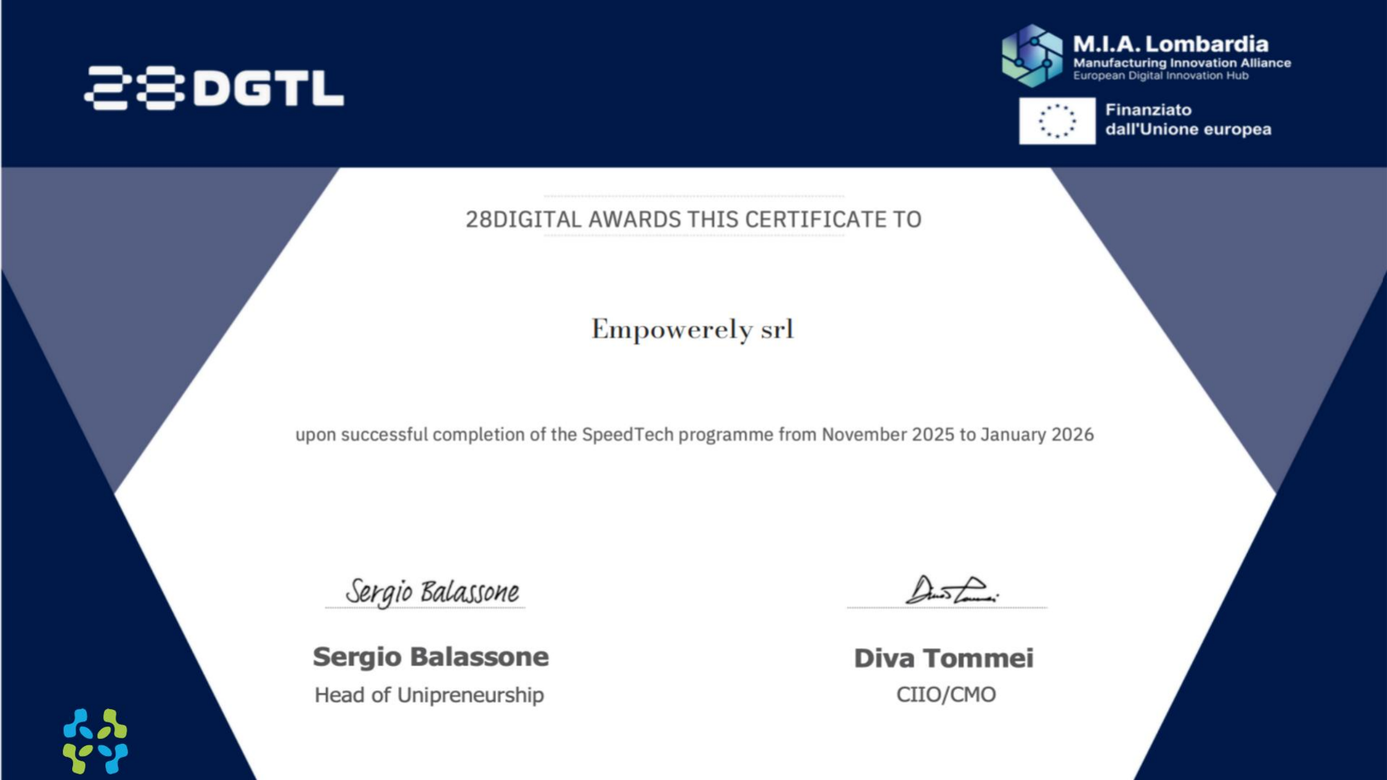 Certificato 28DIGITAL e M.I.A. Lombardia assegnato a Empowerely SRL per il completamento del programma SpeedTech da novembre 2025 a gennaio 2026.