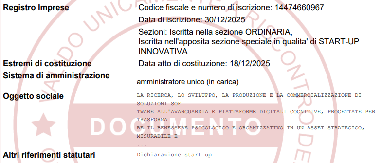 Estratto del Registro Imprese: costituzione di Empowerely il 18 dicembre 2025, iscrizione il 30 dicembre 2025 e sezione speciale startup innovativa.
